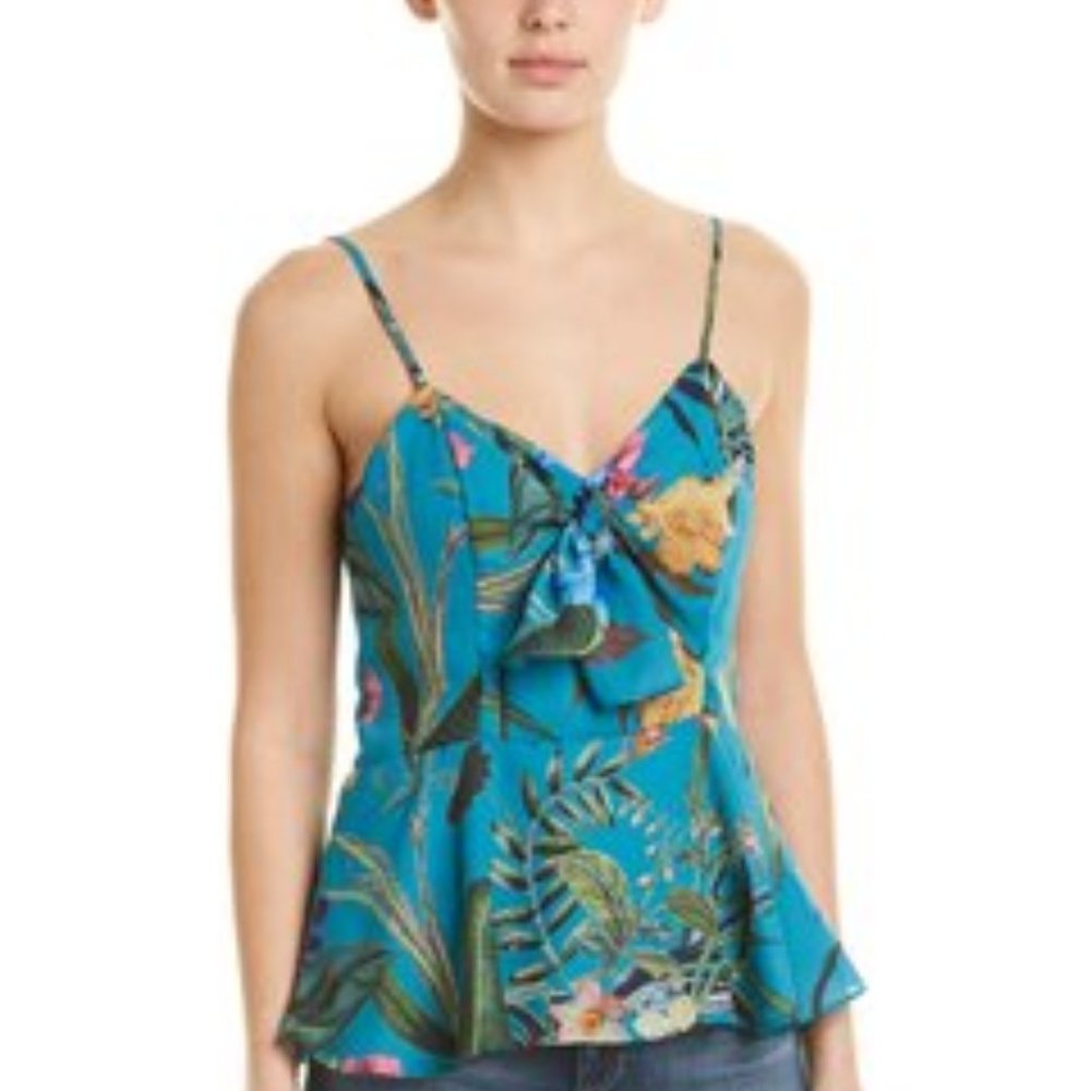 Parker Blue Azule Sardinia Hawaii Exotic Leaves Floral Tank Cocktail Top Blouse